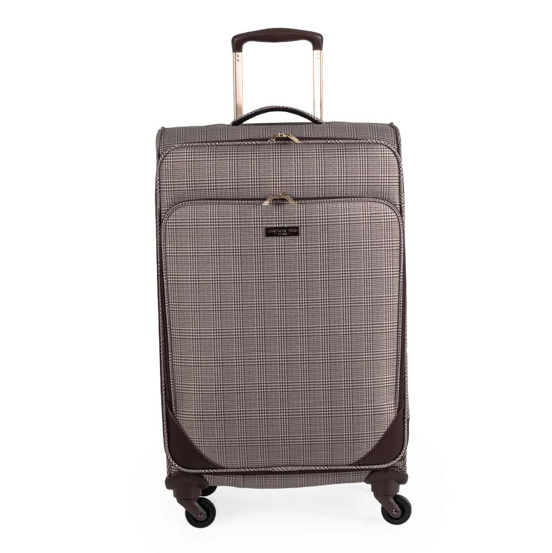 Checkered patterned suitcase on a white background