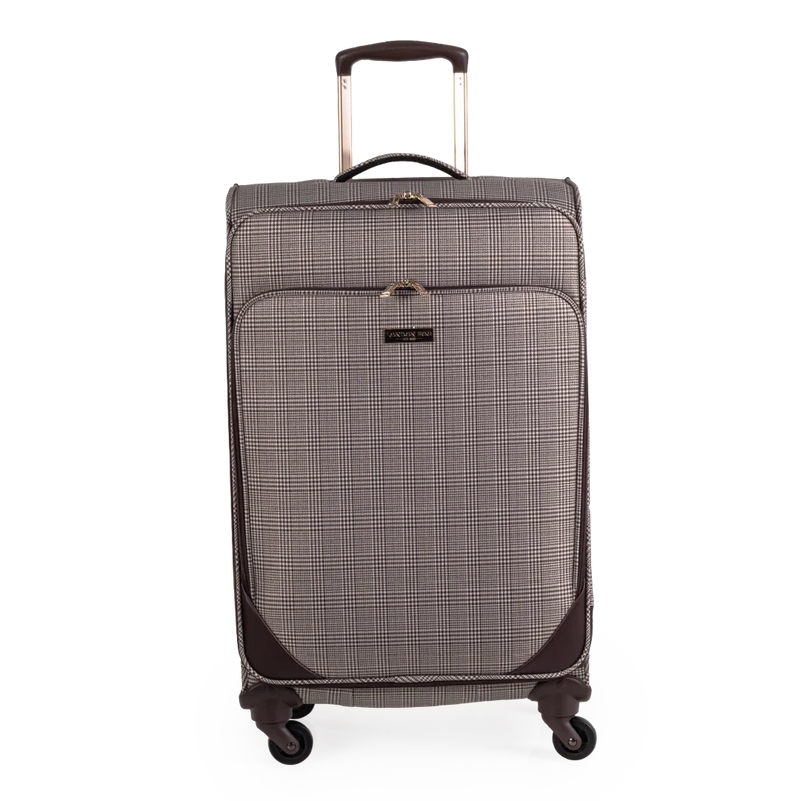 Checkered patterned suitcase on a white background