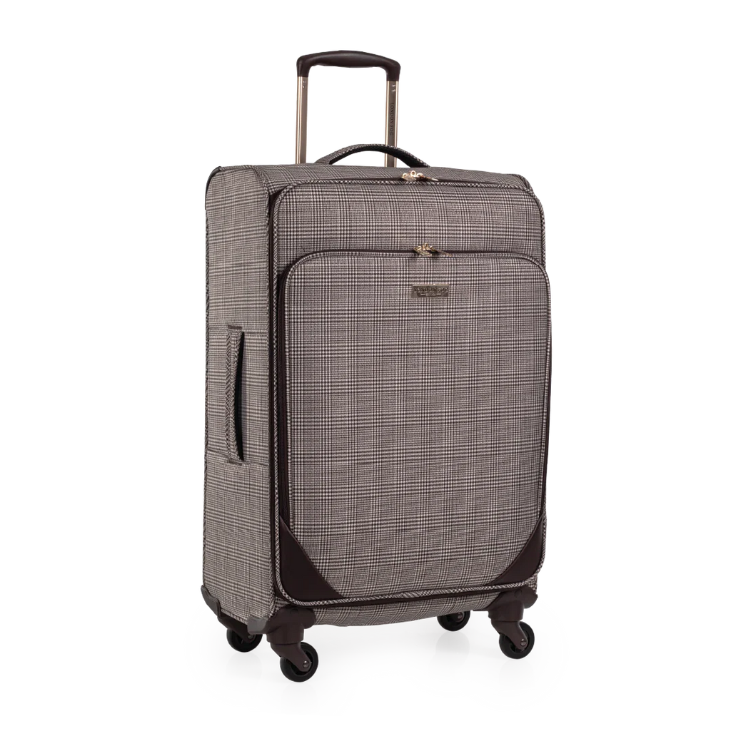 Checkered suitcase with wheels on a white background
