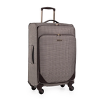 Checkered suitcase with wheels on a white background