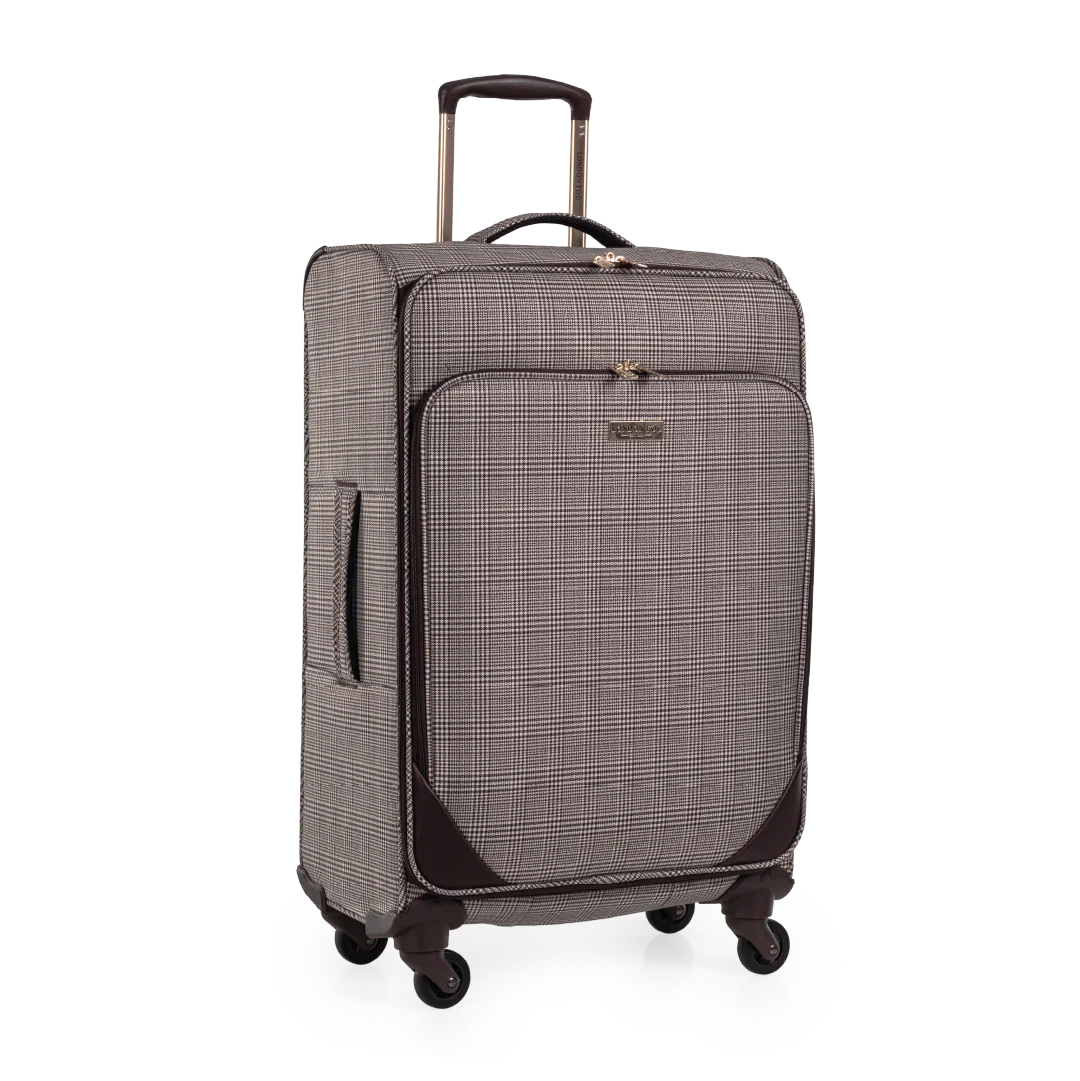 Checkered suitcase with wheels on a white background