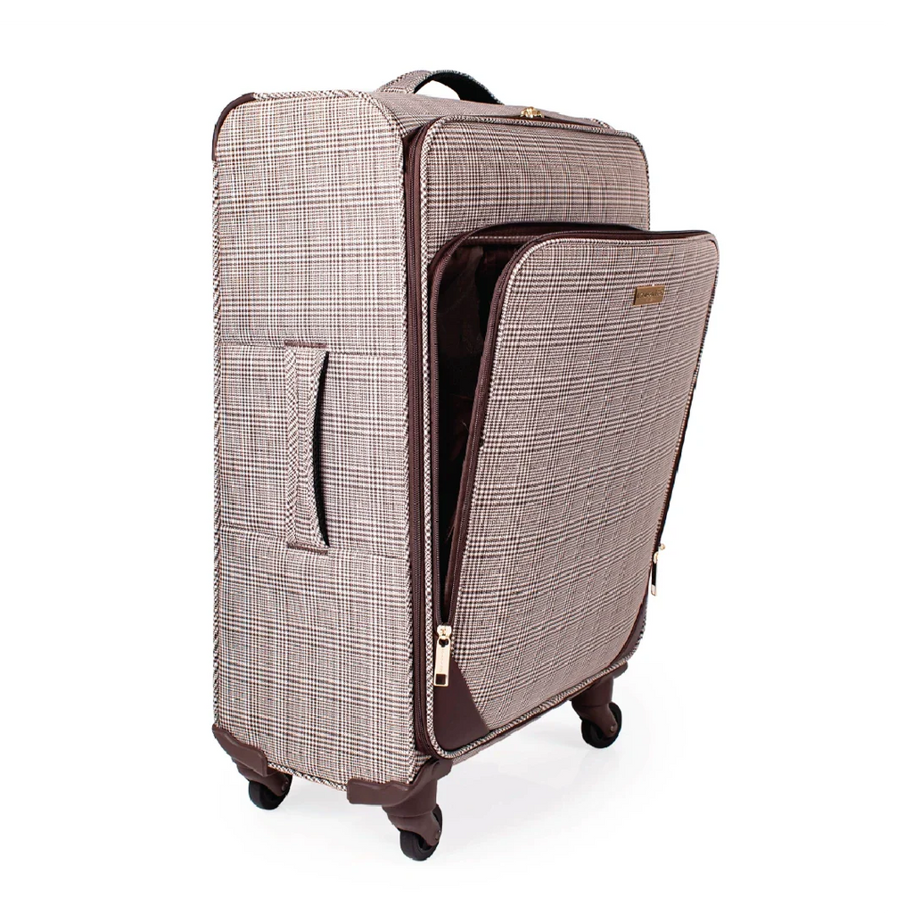 Brown checkered suitcase with open front pocket on a white background
