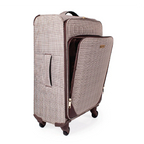 Brown checkered suitcase with open front pocket on a white background
