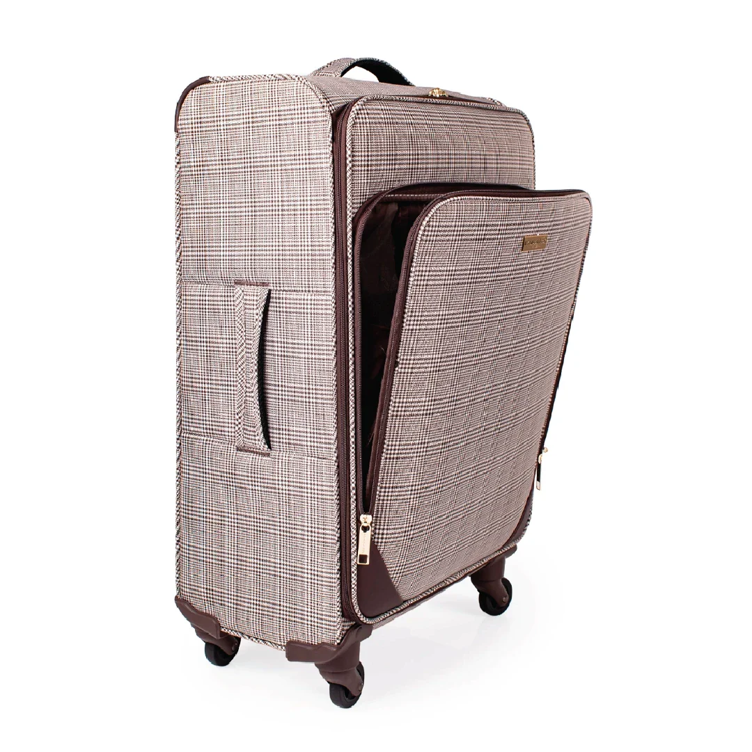 Brown checkered suitcase with open front pocket on a white background