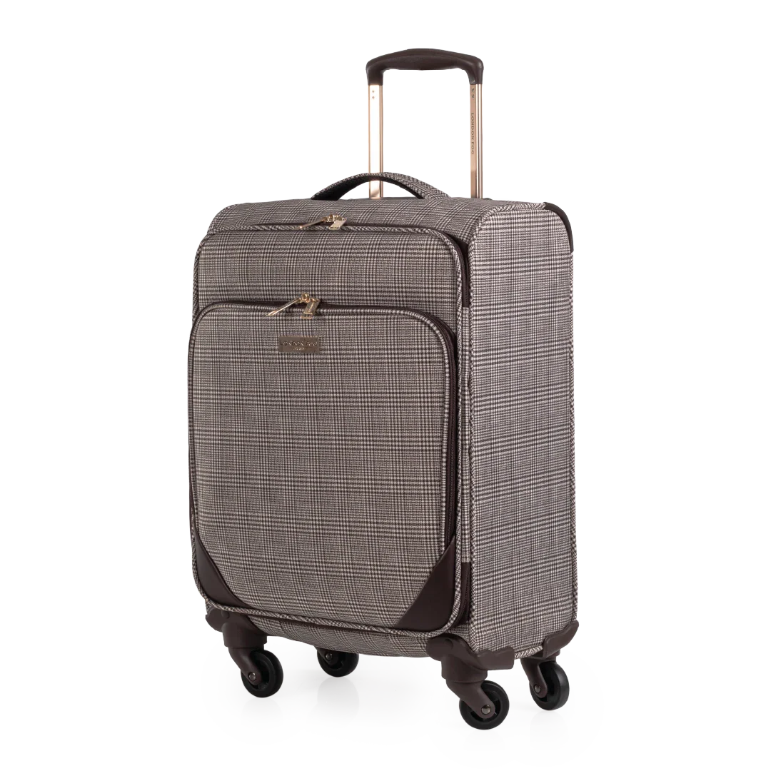 Checkered suitcase with wheels on a white background