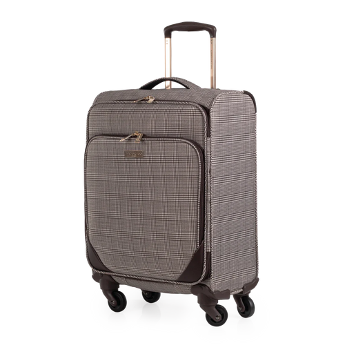 Checkered suitcase with wheels on a white background