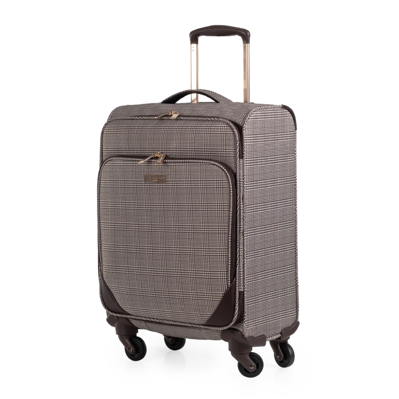 Checkered suitcase with wheels on a white background