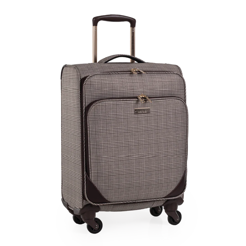 Checkered suitcase with wheels on a white background