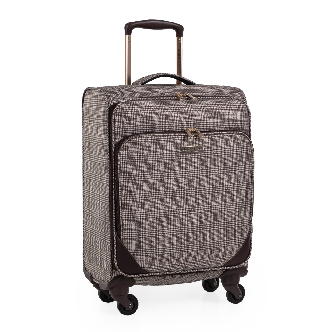 Checkered suitcase with wheels on a white background