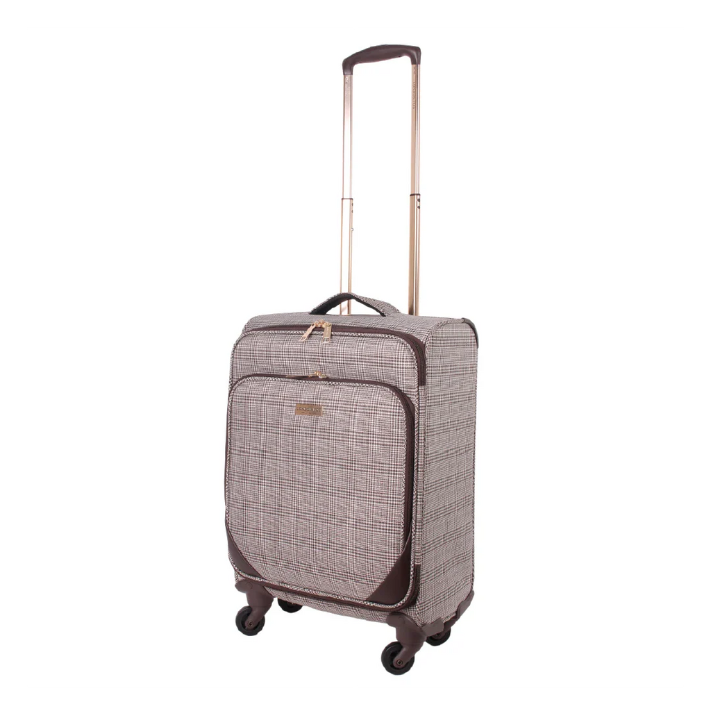 Checkered pattern suitcase with wheels on a white background