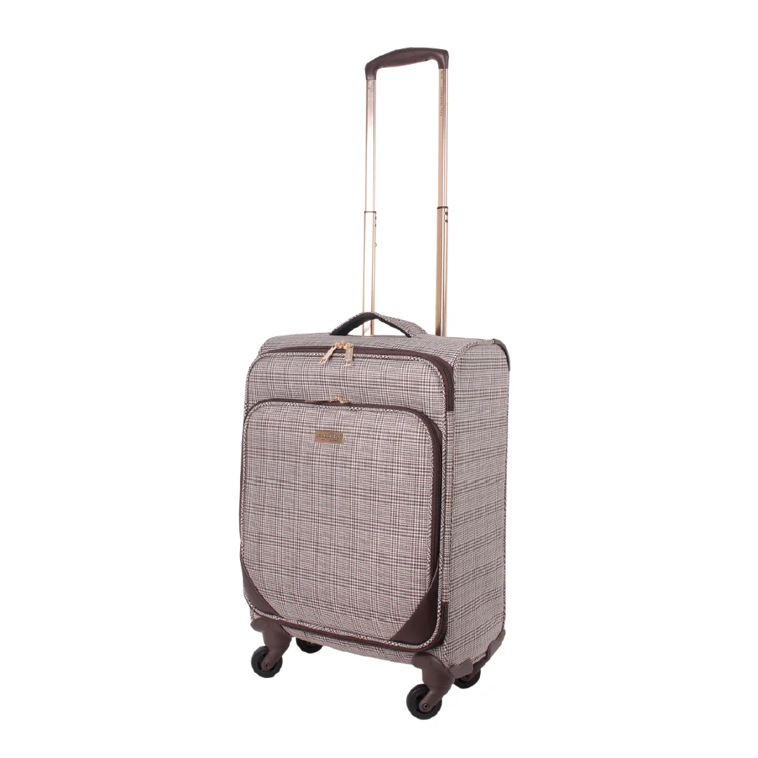 Checkered pattern suitcase with wheels on a white background