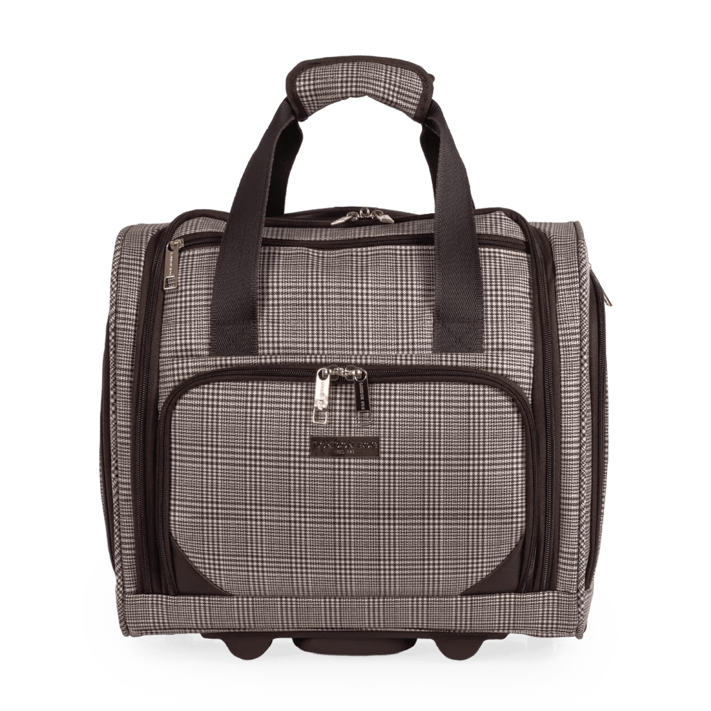 Checkered travel bag with black handles and trim on a white background