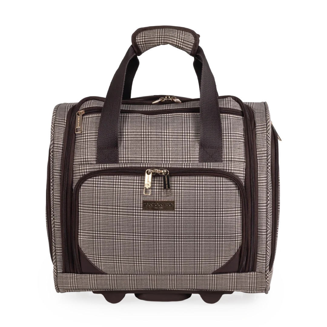 Checkered travel bag with black handles and trim on a white background