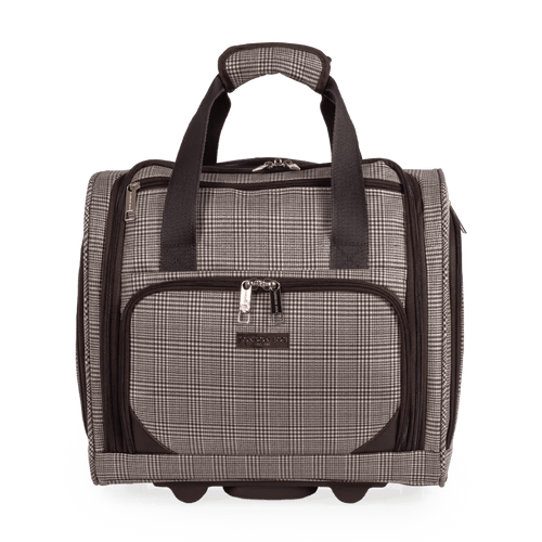 Checkered travel bag with black handles and trim on a white background