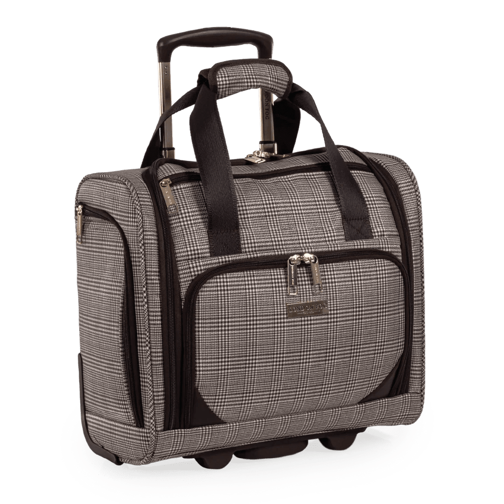 Plaid patterned rolling suitcase with black straps on a white background