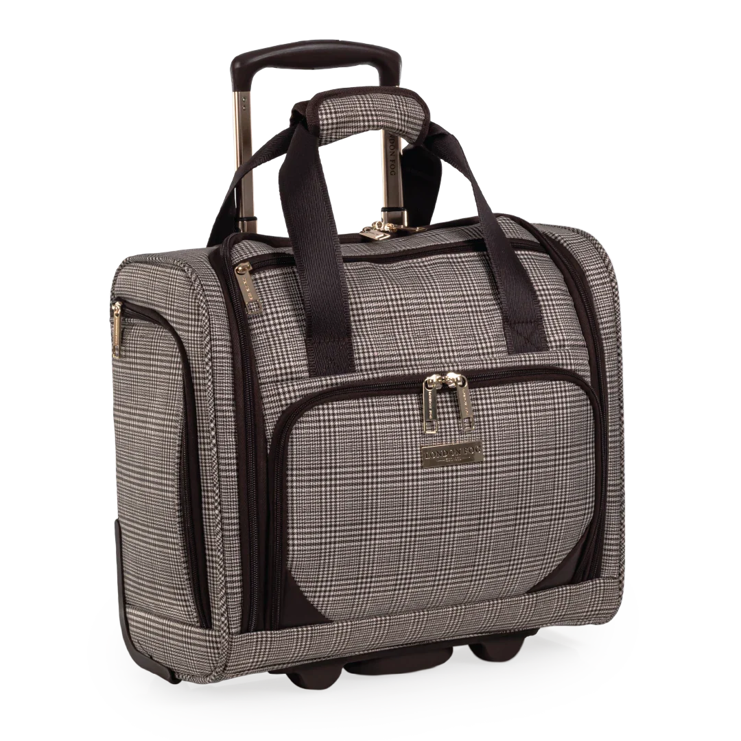Plaid patterned rolling suitcase with black straps on a white background