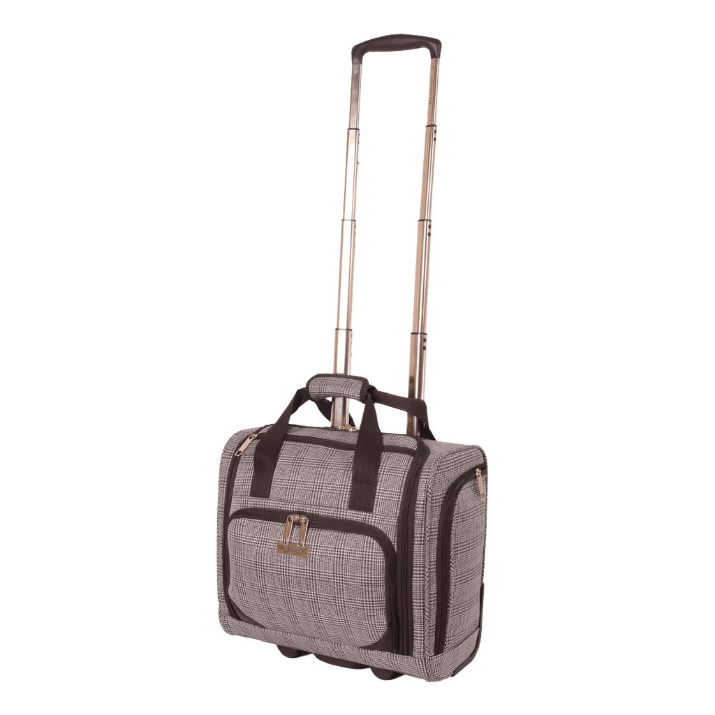 Checkered rolling suitcase with a handle on a white background