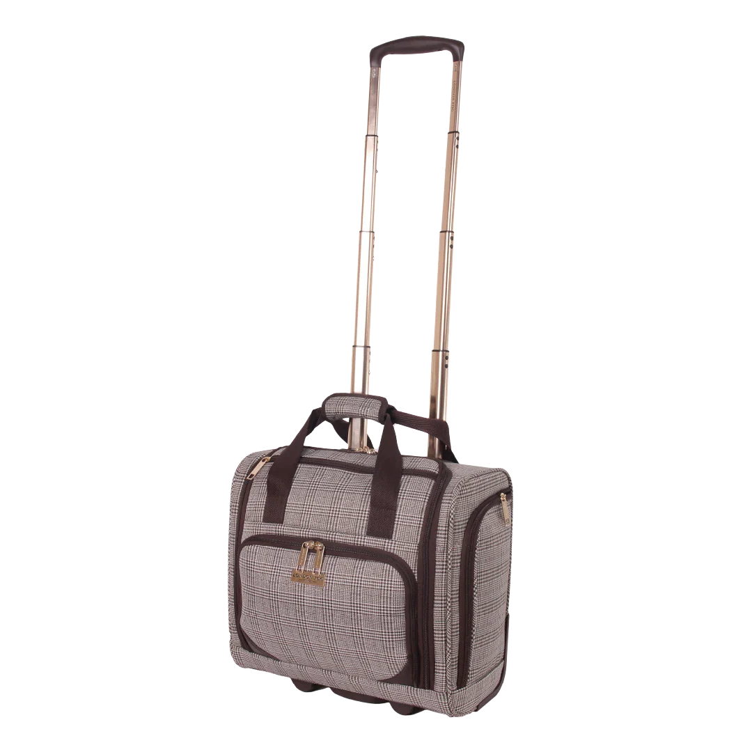 Checkered rolling suitcase with a handle on a white background