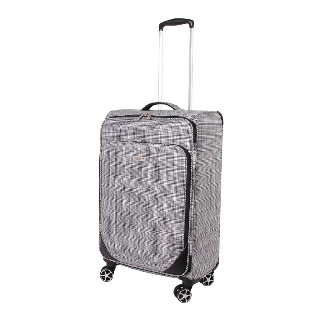 Gray checkered suitcase with wheels on a white background