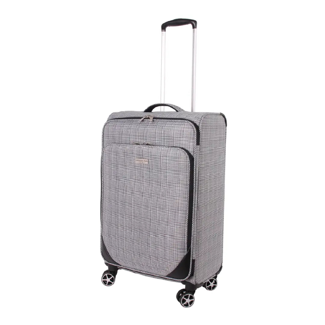 Gray checkered suitcase with wheels on a white background