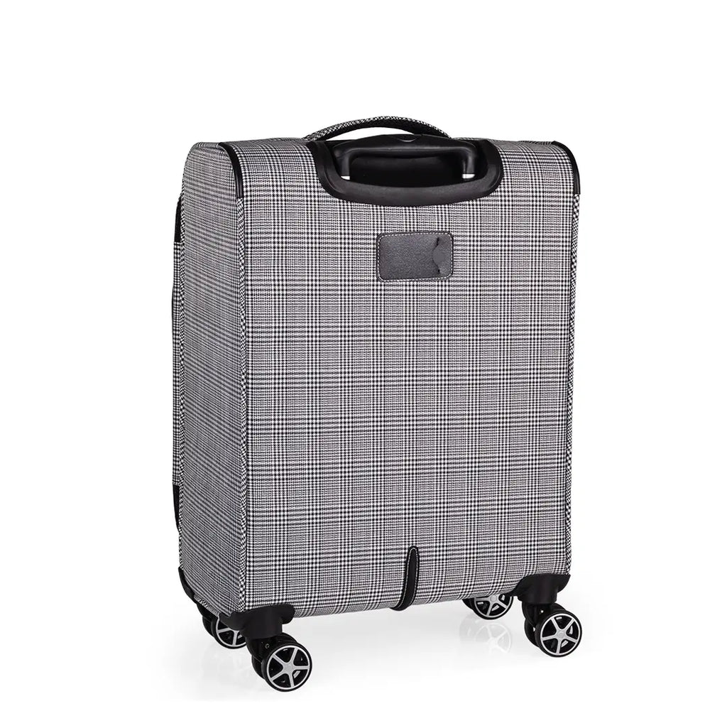 Checkered suitcase with wheels on a white background