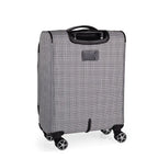 Checkered suitcase with wheels on a white background