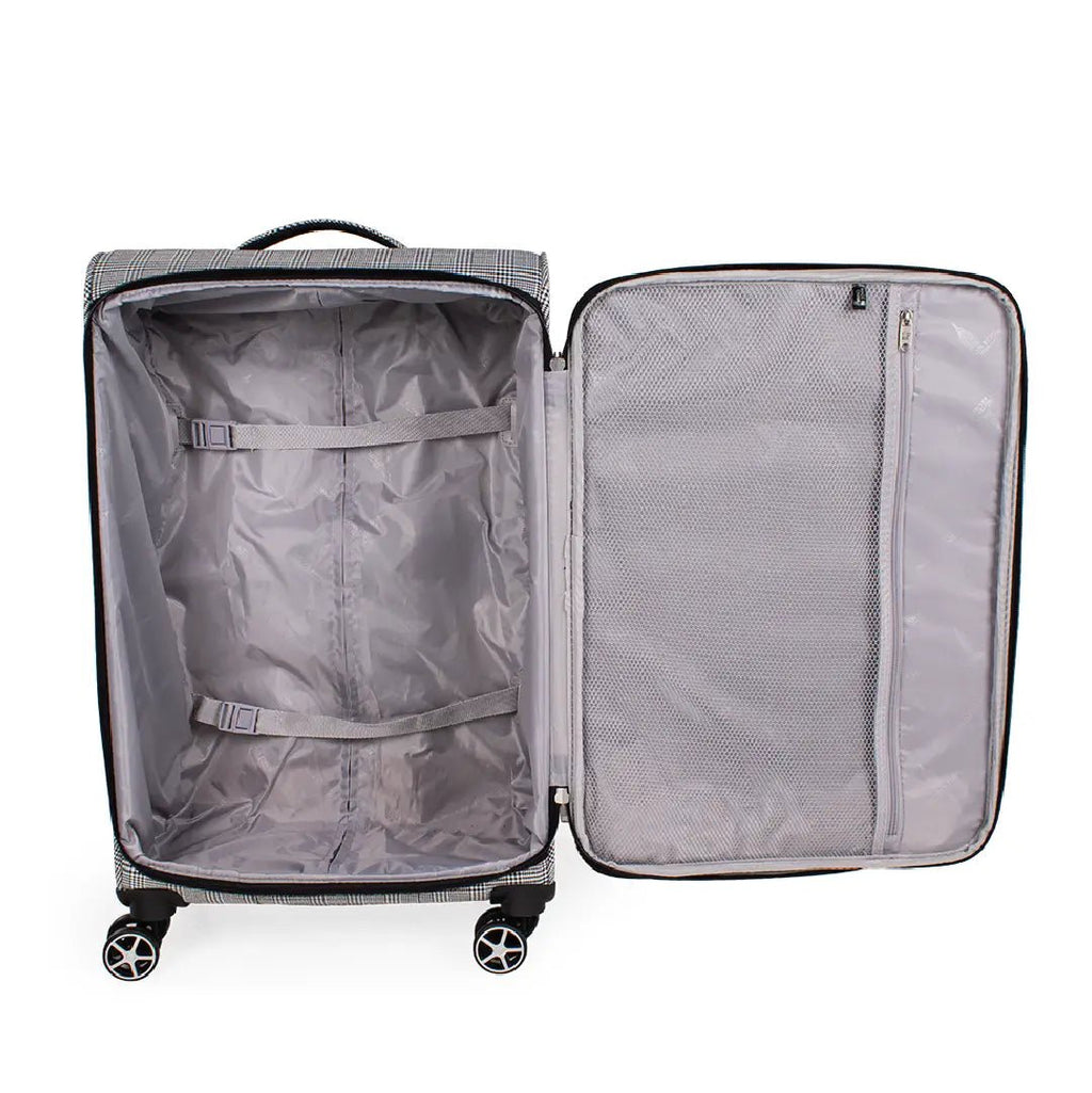 Open gray suitcase on a white background