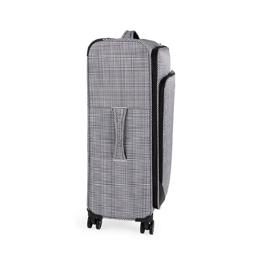 Grey checkered suitcase with wheels on a white background