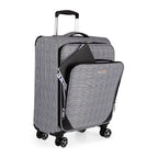 Gray checkered suitcase with open front pocket on a white background