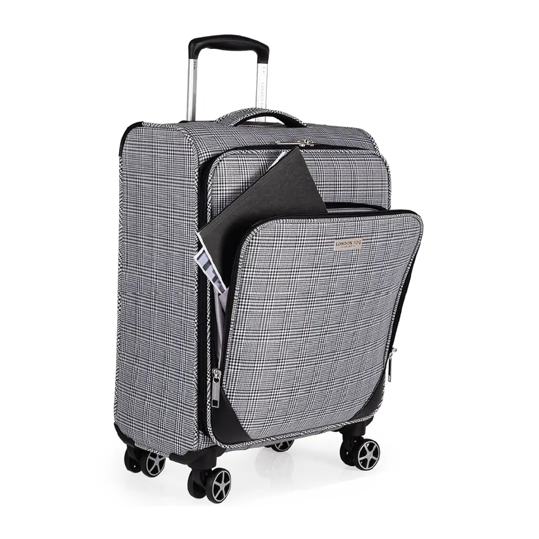 Gray checkered suitcase with open front pocket on a white background