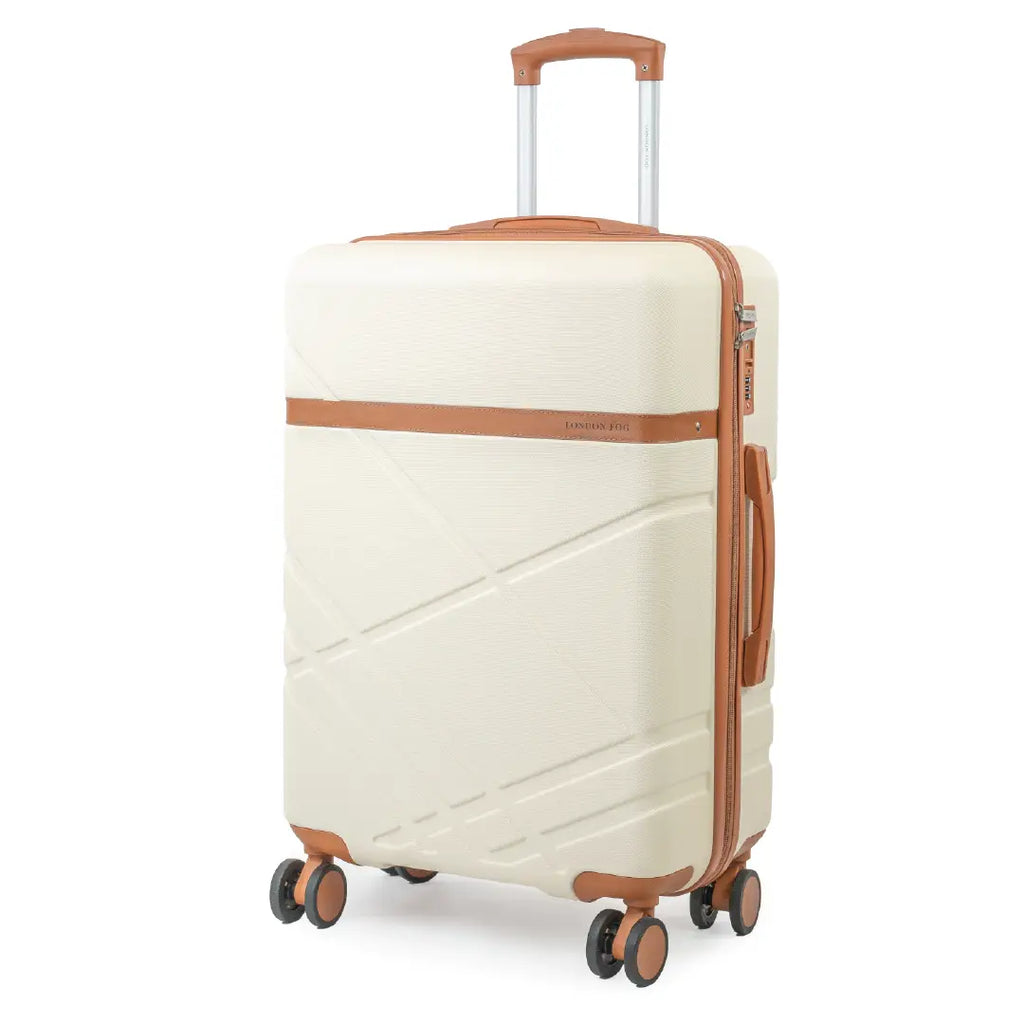 Beige suitcase with brown accents on a white background