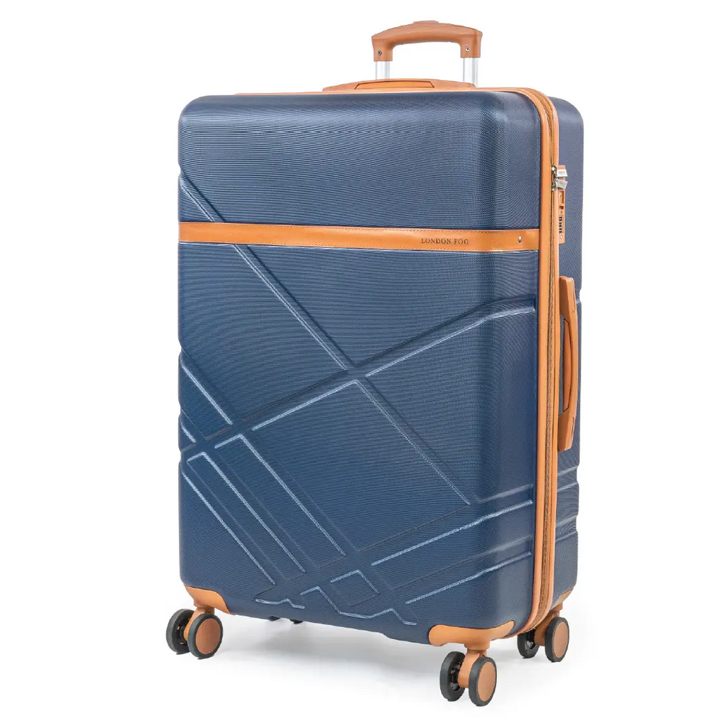 Blue suitcase with brown accents on a white background