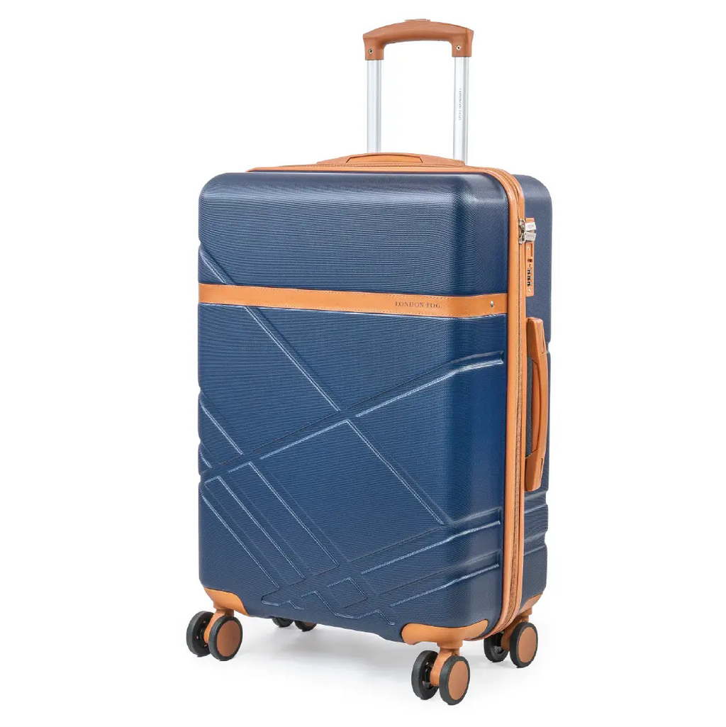 Blue suitcase with brown accents on a white background