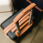 Close-up of a suitcase handle with a blurred background