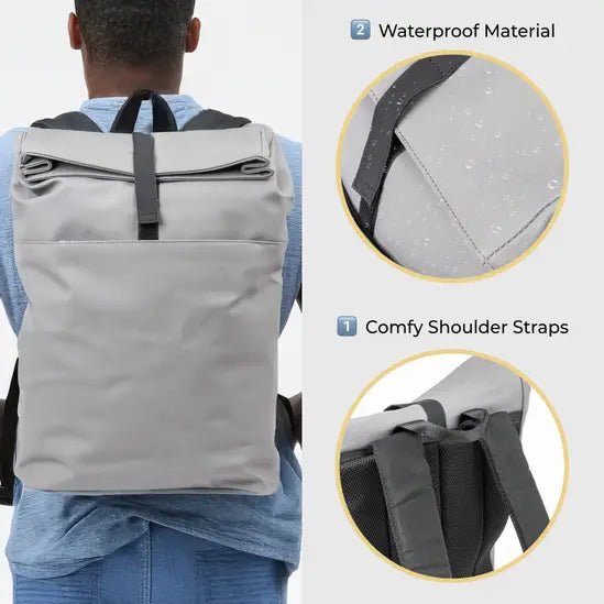 Roll-Top Weatherproof School Laptop Backpack 13.5L Office Bag Durable Rucksack