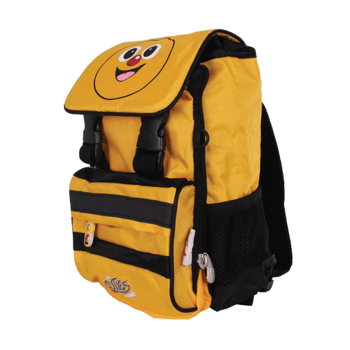 Yellow backpack with a smiley face design on a white background