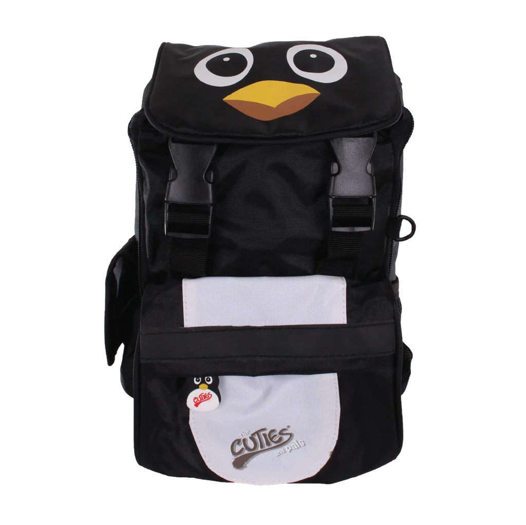 Black backpack with a cartoon penguin design on a white background