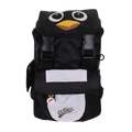 Black backpack with a cartoon penguin design on a white background