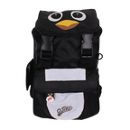 Black backpack with a cartoon penguin design on a white background