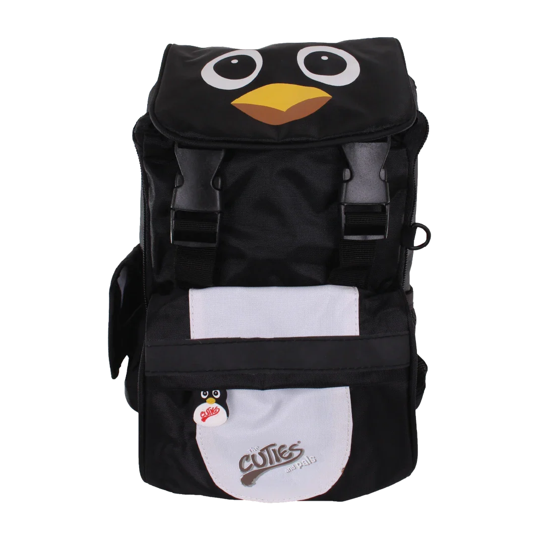 Black backpack with a cartoon penguin design on a white background