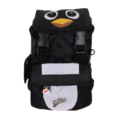 Black backpack with a cartoon penguin design on a white background