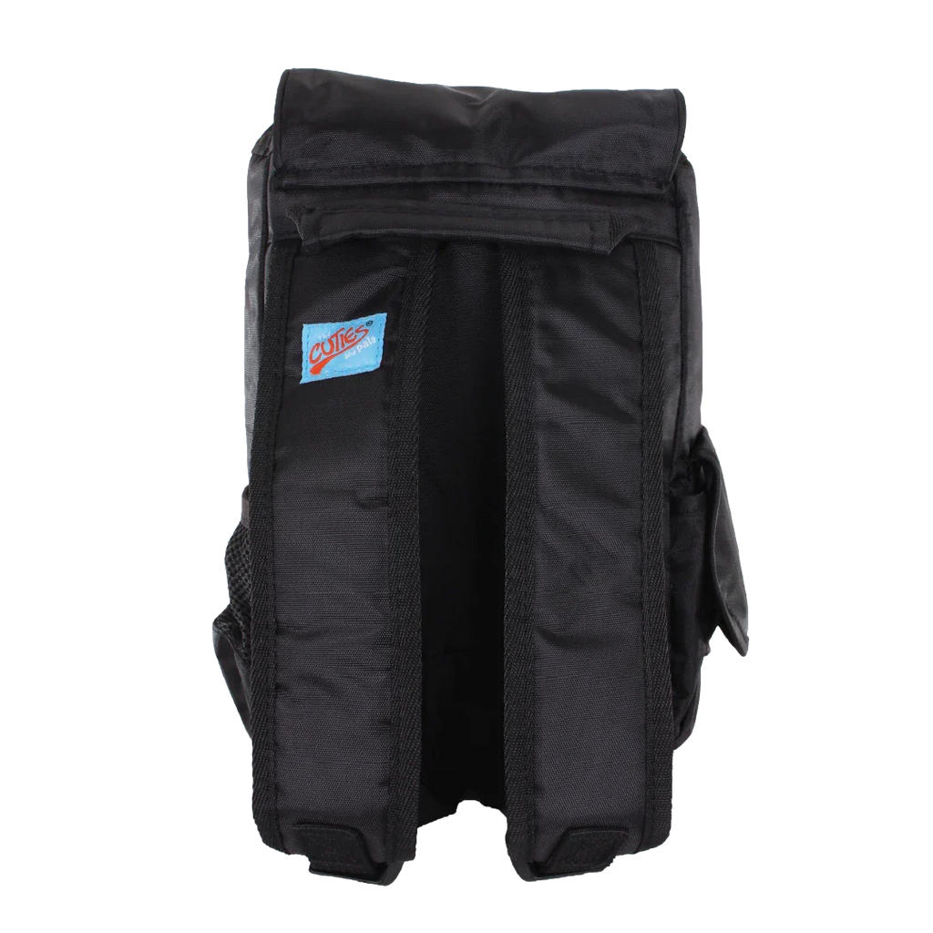 Black backpack with a visible brand logo on a white background
