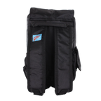Black backpack with a visible brand logo on a white background