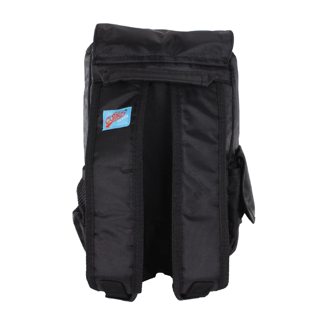 Black backpack with a visible brand logo on a white background