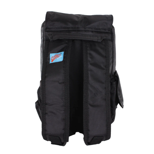 Black backpack with a visible brand logo on a white background