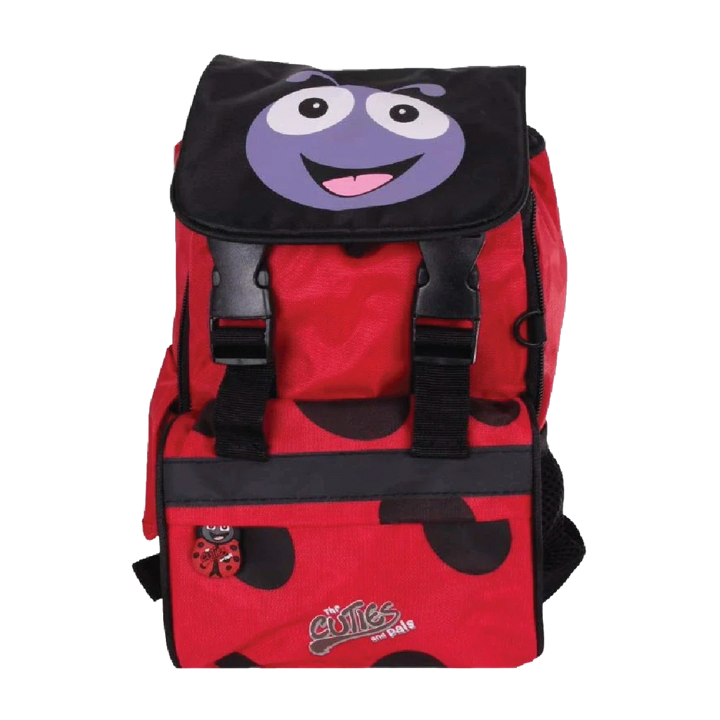 Red backpack with a ladybug design on a white background