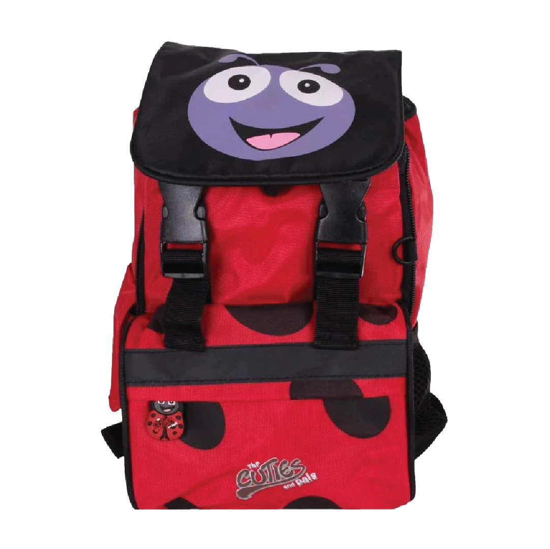 Red backpack with a ladybug design on a white background