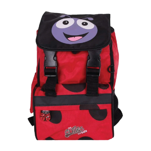 Red backpack with a ladybug design on a white background