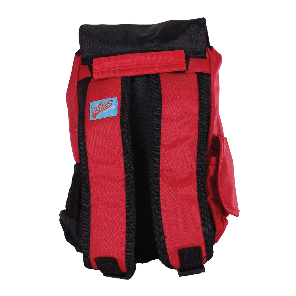 Red and black backpack with a visible brand logo on a white background