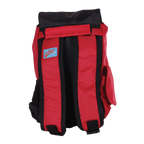 Red and black backpack with a visible brand logo on a white background